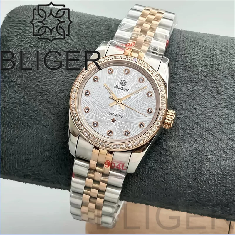 

BLIGER 31mm Luxury Two Tone Gold Lady's Watch Diamond Bezel Sapphire Glass White Mother Pearl Dial Diamond Index Waterproof Date