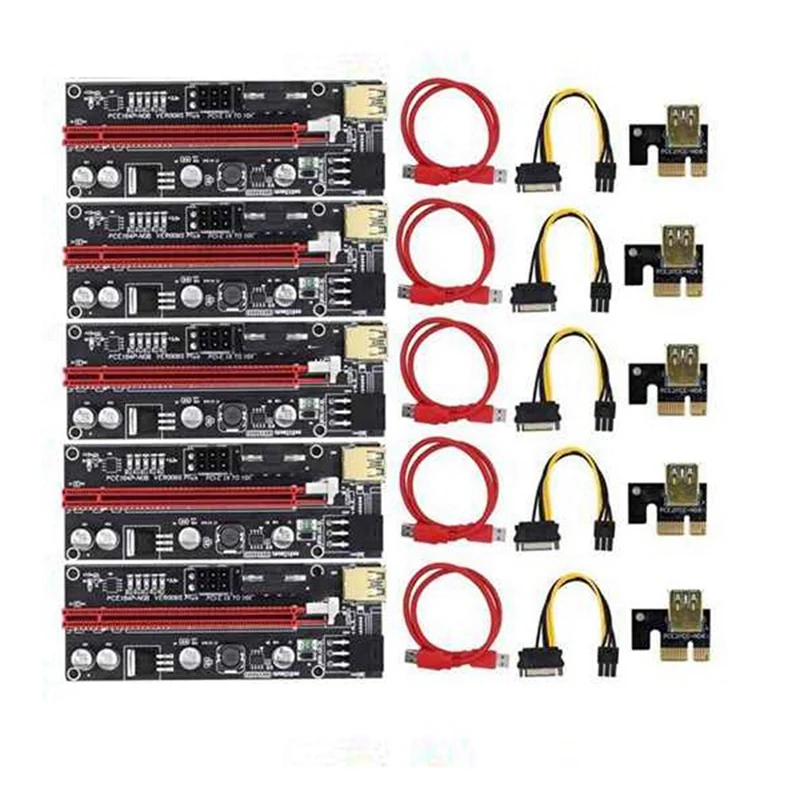 

5PCS PCI-E Riser VER009S Plus GPU PCIE Card PCI E X16 To X1PCI Express Adapter Card 6Pin To SATA USB3.0 With LED Lights