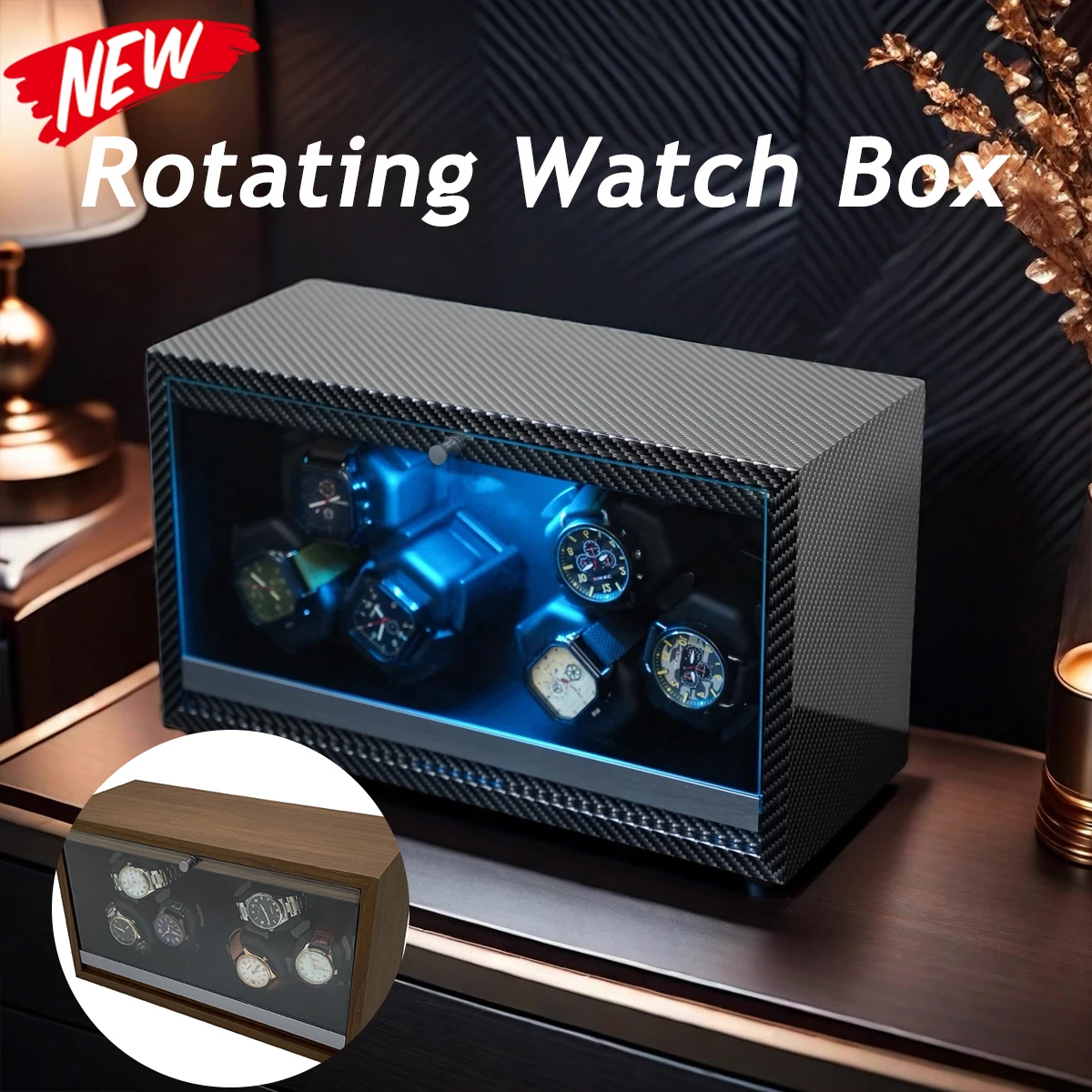 

Устройство для намотки часов с питанием от USB для автоматических часов, 6-слотовый шейкер для часов, деревянная коробка, держатель вращателя, синий светодиодный светильник, коробка для хранения