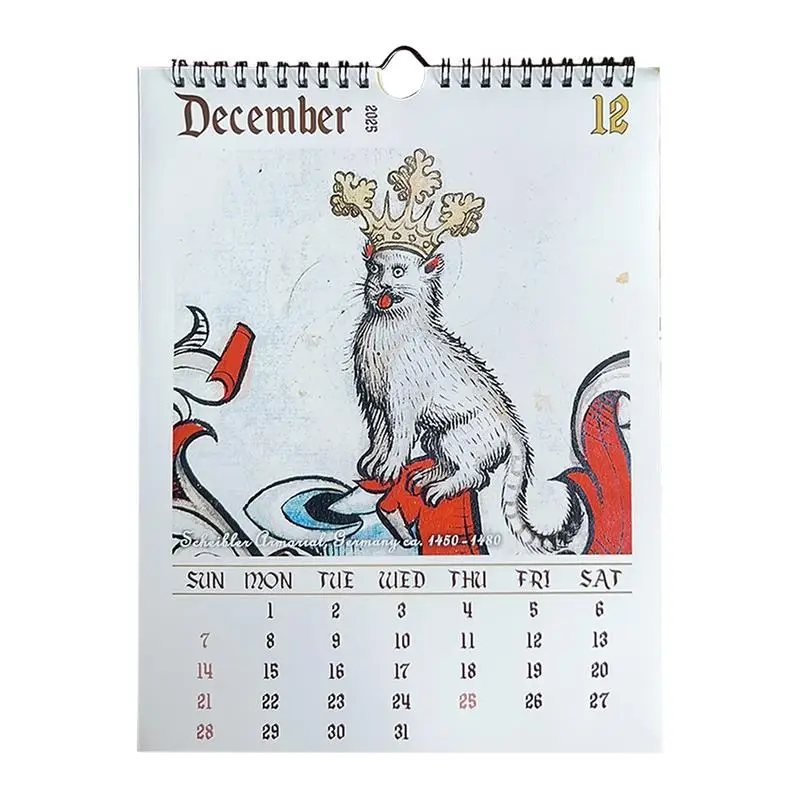 Hässlicher mittelalterlicher Katzenkalender 2025, seltsamer mittelalterlicher Katzen-Wandkalender, 12 Monate Januar bis Dezember, Wandbehänge, seltsamer Kalender