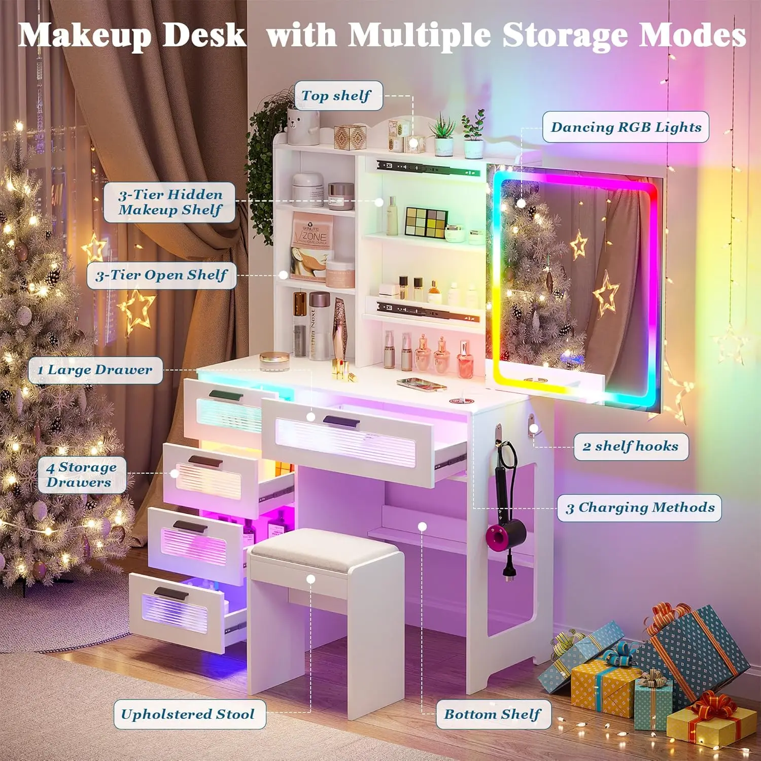 Bedroom White Vanity Set with LED Mirror, RGB Light & Jewelry Organizer view 5