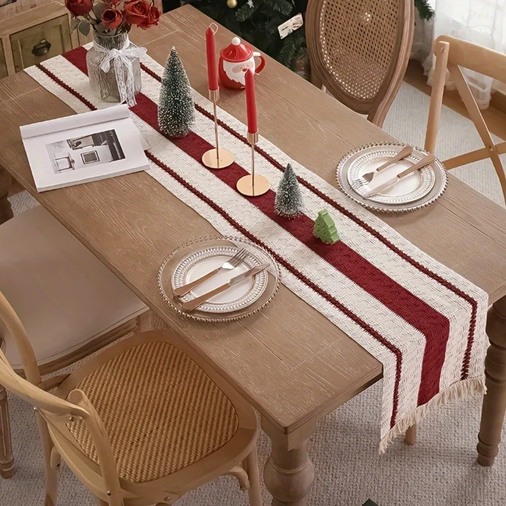 Red Stripes Bohemian-Style Table Runner Weaving Design Rectangular Tablecloth Non-slip With Tassel Dinning Table Cover Party