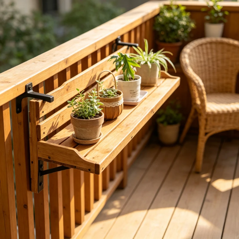 Solid Wood Hanging Plant Stand, Foldable Balcony Railing Flower Pot Holder with Adjustable Width for Outdoor Garden & Balcony