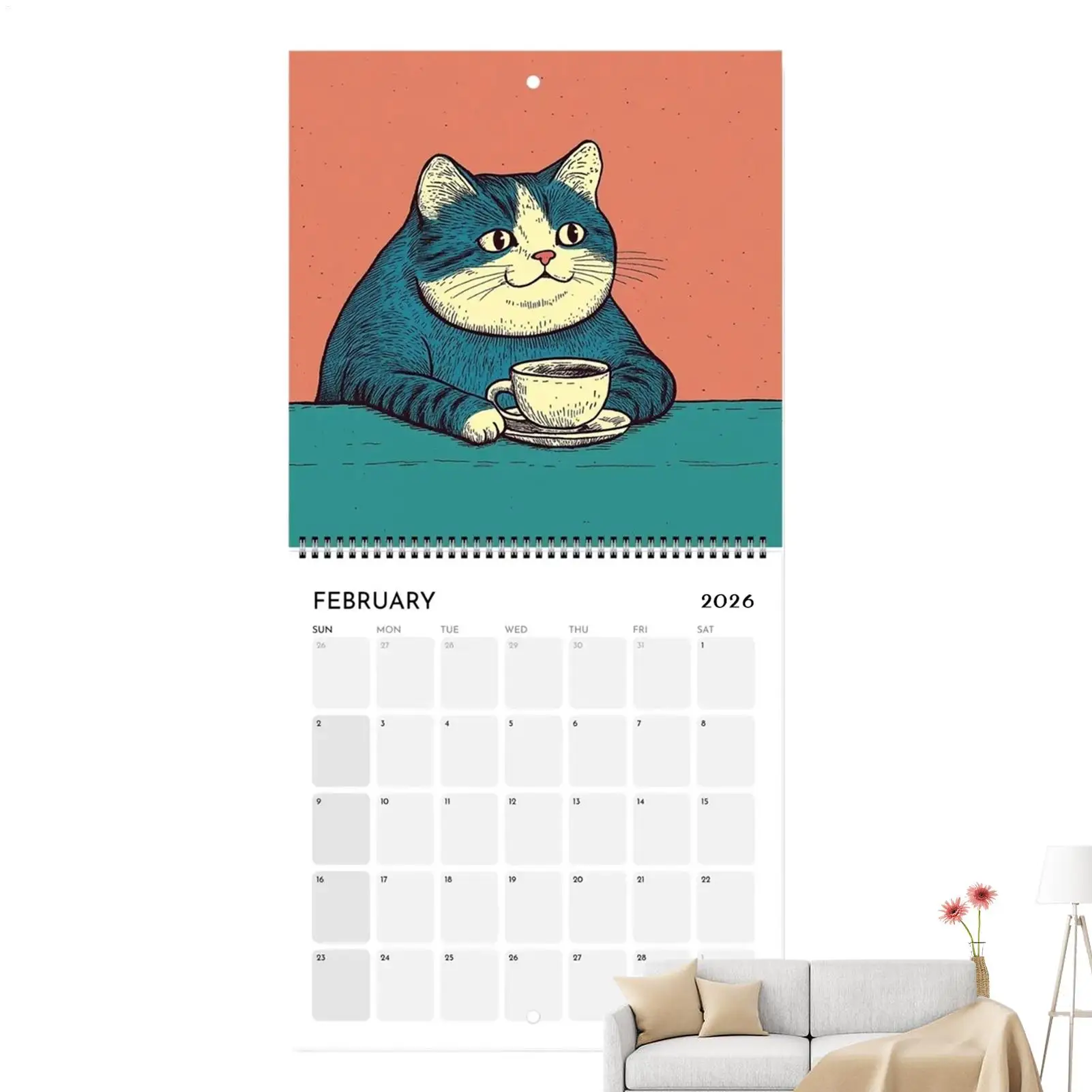 2026 ปฏิทินผนังรายเดือนแขวนปฏิทินติดผนังแมวการออกแบบรายเดือน 12 เดือนครอบครัววางแผนออแกไนเซอร์ปฏิทินสำหรับห้องนั่งเล่น