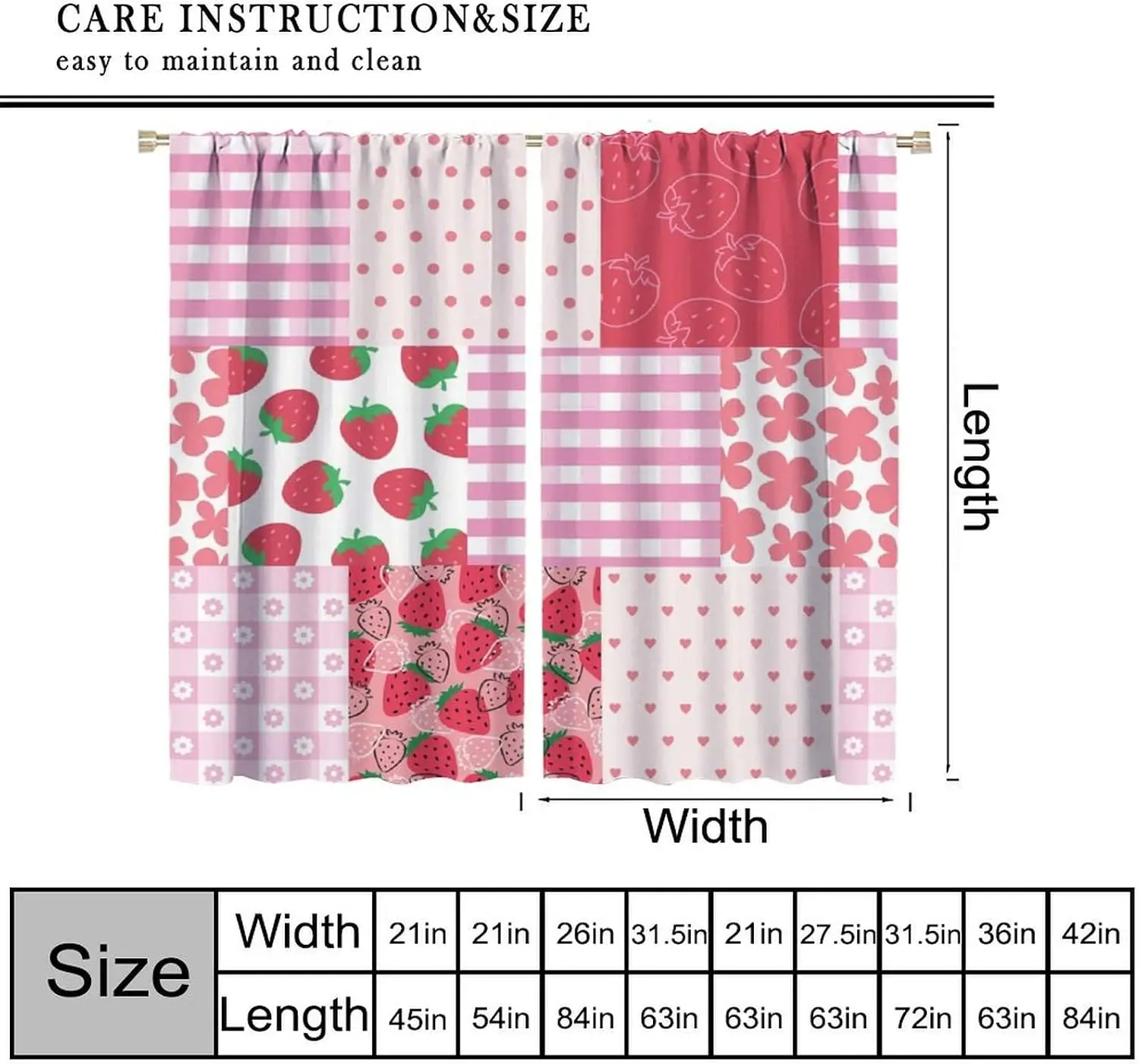 Pink Red Patchwork Strawberry Gingham Polka Dot Heart Flower Blackout Rod Pocket Curtain Cute Sweet Decor Girls Homestay Bedroom