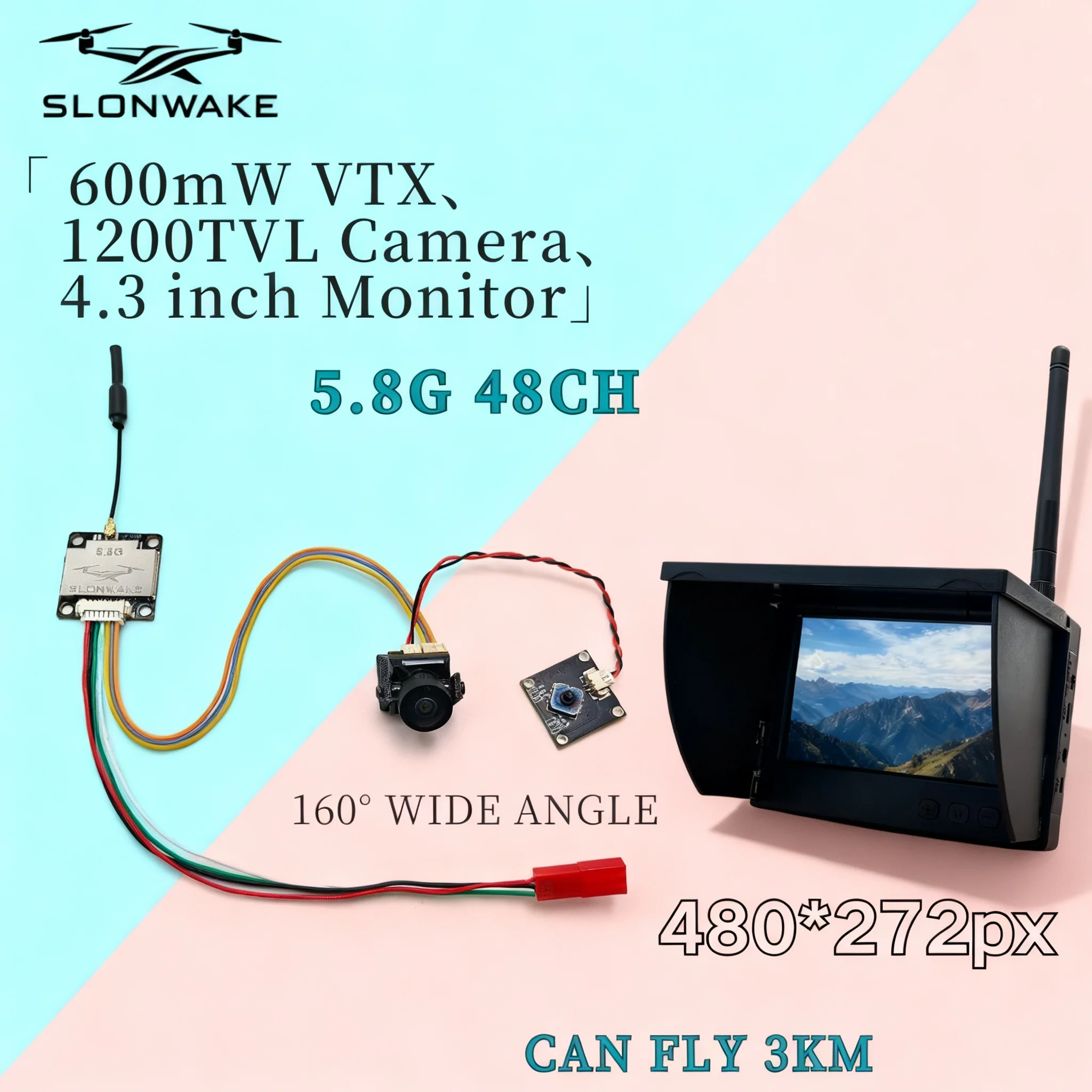 

SLONWAKE 5.8G 48CH FPV 600mw VTX 1200TVL Camera 4.3inch Monitor for Racing Drones, RC Cars and Model Aircraft Fixed-Wing Dro