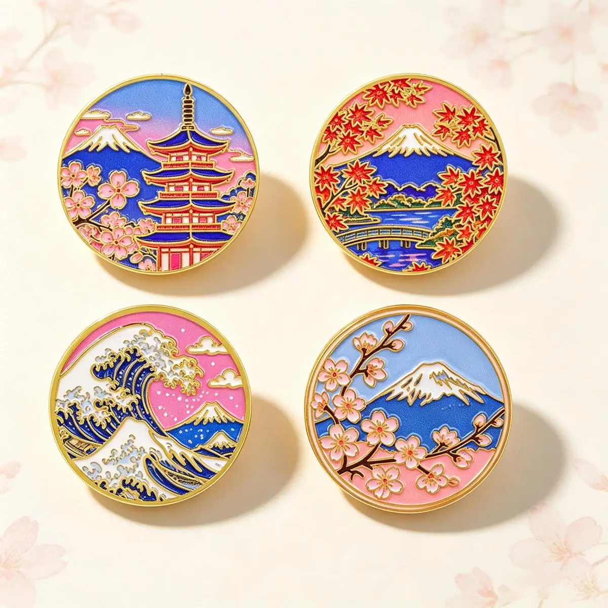 4Pcs Japanese Style Mount Fuji Brooch Metal Enamel Pins Set Badge on Backpack Clothing Accessories Jewelry Gift for Friend