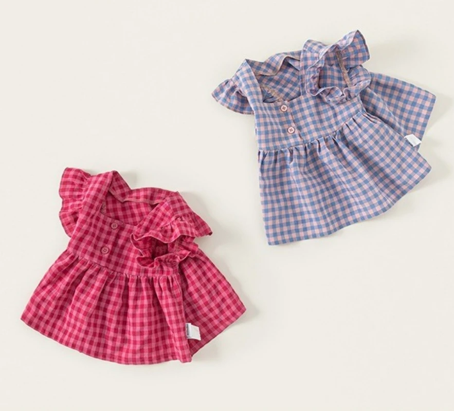 Q2660 Korean Style Summer Sweet Cute Children's Square Collar Top Girls Pink Plaid Doll Shirt Small Flying Sleeve Blouse