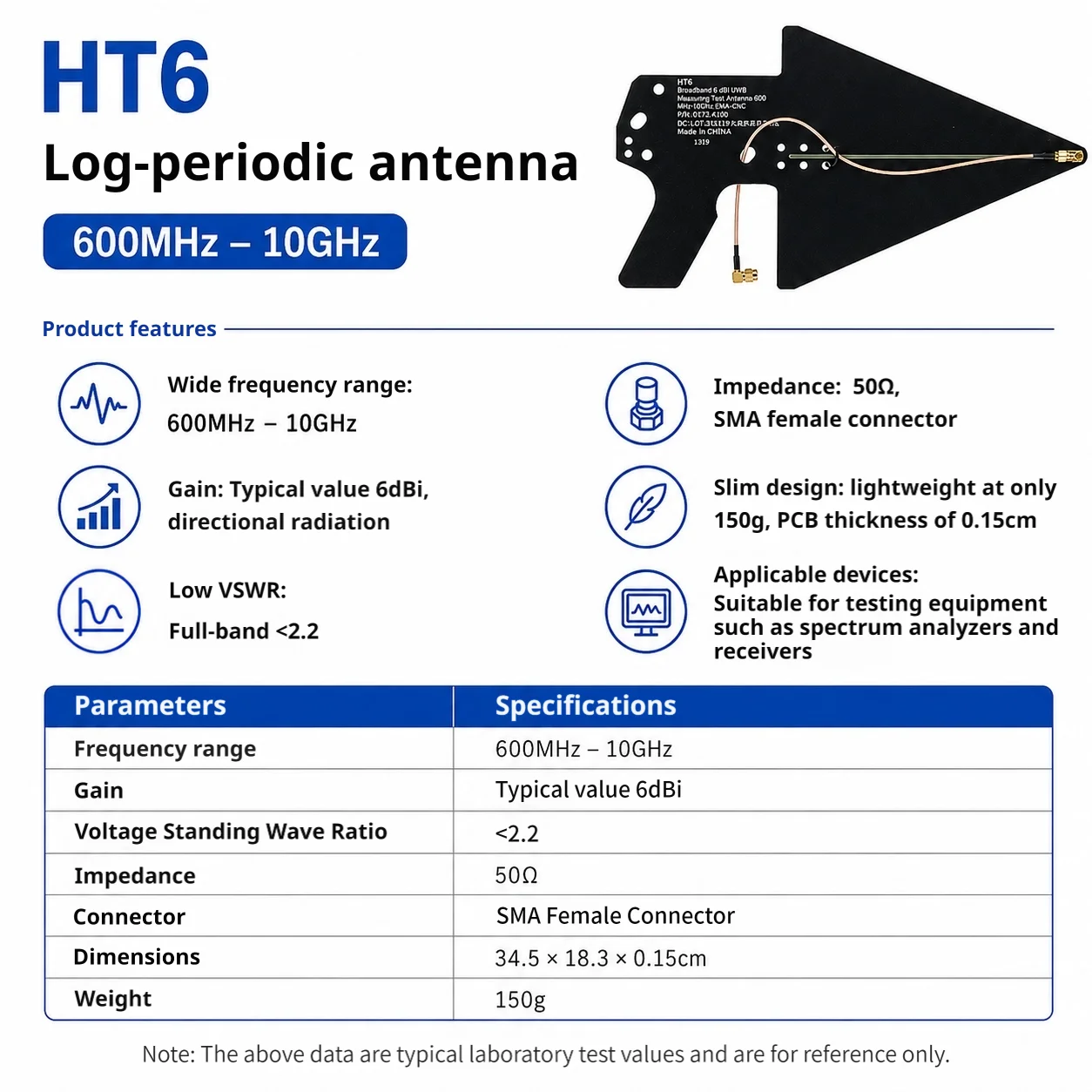 HT6 Log Periodic Antenna 0.6-10GHz 6dBi SMA Directional for Spectrum Analyzer EMC Test Signal Finding Positioning