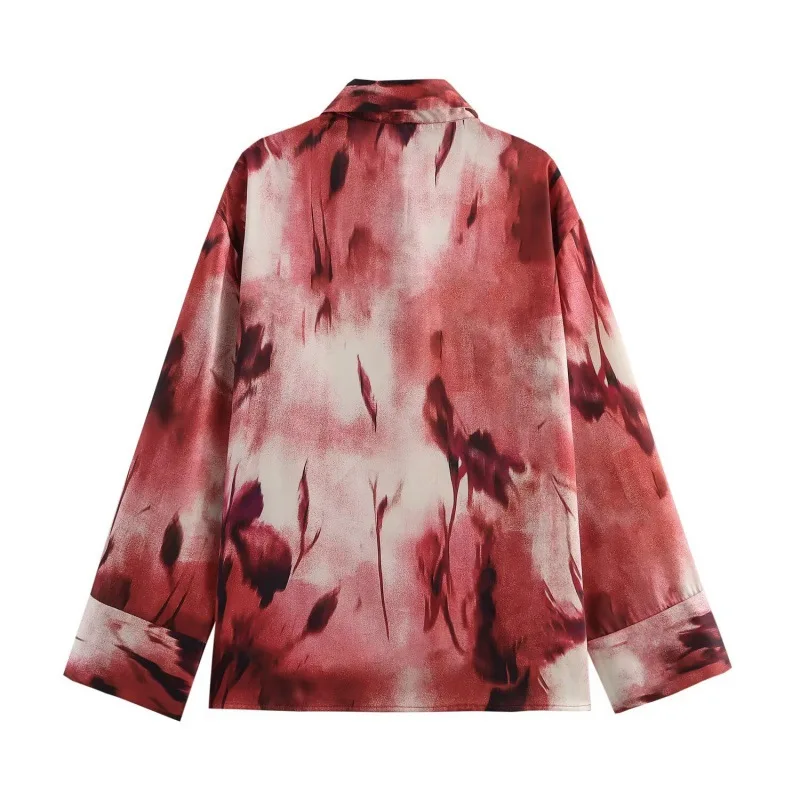 Silk Satin Feel Printed Loose Long Sleeve Shirt Versatile Women's Casual Fashion Polyester Fabric Anti-Wrinkle Abstract Pattern