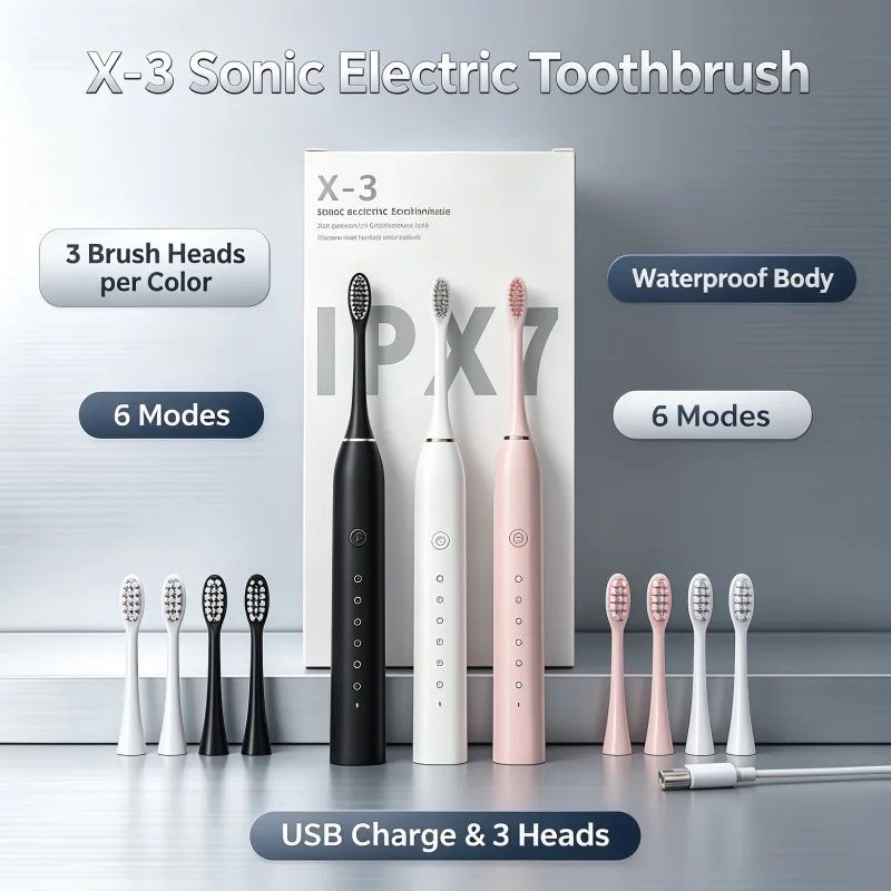 X-3Upgraded Fully Automatic Sonic Electric Toothbrush With IPX7 Waterproof  6-speed Regulation USB Charging and 3 Brush Heads