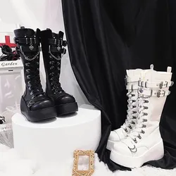 Botas punk de plataforma grossas para mulheres, joelho alto, fundo grosso, cunhas pretas, fivela de metal, gótico, sapatos cosplay, inverno, 2023