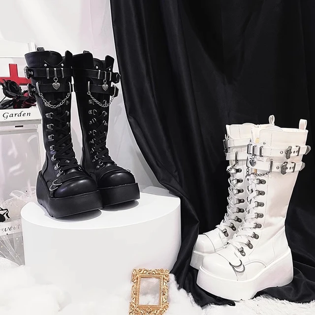 Metal Buckle Chunky Platform Punk Boots Women 2023 Winter Gothic Thick Bottom Knee High Boots Woman Black Wedges Cosplay Shoes AliExpress 322