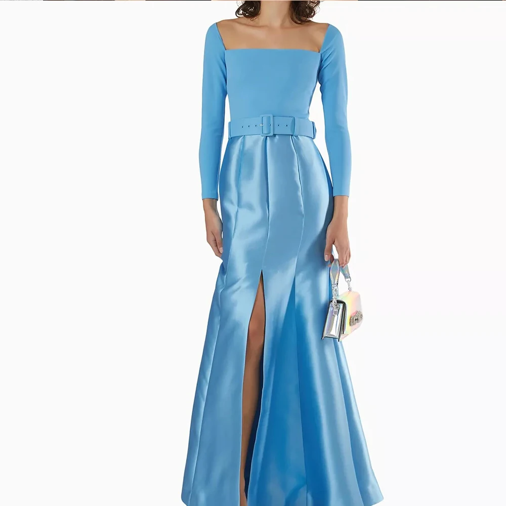 

Customized Graceful Sashes Draped Square Neck Floor Length Front Slit Evening Dress Mermaid Satin Long Sleeves платье вечернее