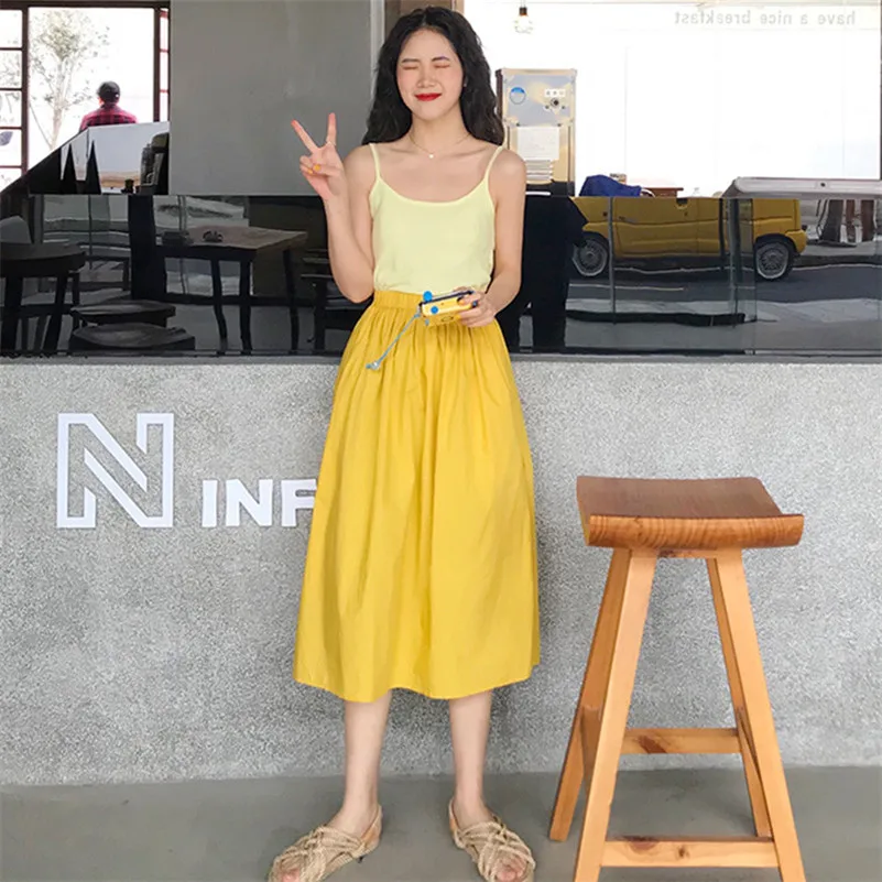 High Elastic Waist Solid Cotton Linen Skirts Summer Women Vintage Chic Casual Skirts Korean Style Female Cute Long Skirts