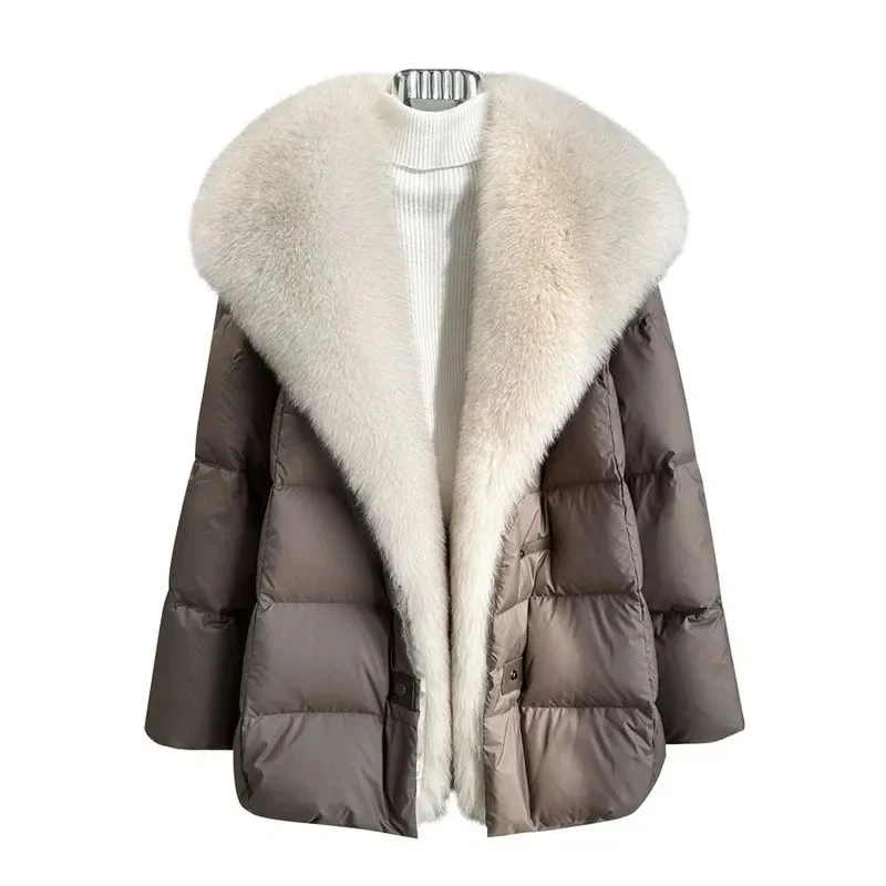 

2025 Winter New Medium long Loose White goose Down Coats High end Faux Fox fur detachable Large Lapel fur Down Jacket For women