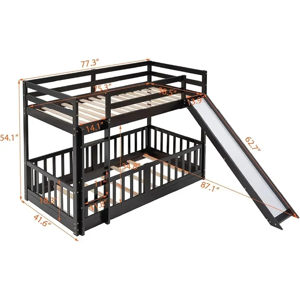 Twin Over Twin Bunk Bed with Ladder and Slide, Kids Floor Bunk Beds with Trundle and Guardrails, Space-Saving, No Box Spring Nee