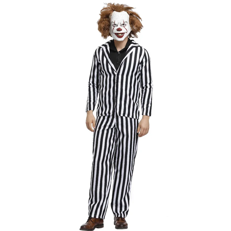 Costume de Cosplay de Clown Effrayant à Rayures pour Homme, Tenue de Magicien pour ixd'Halloween, 3 Pièces