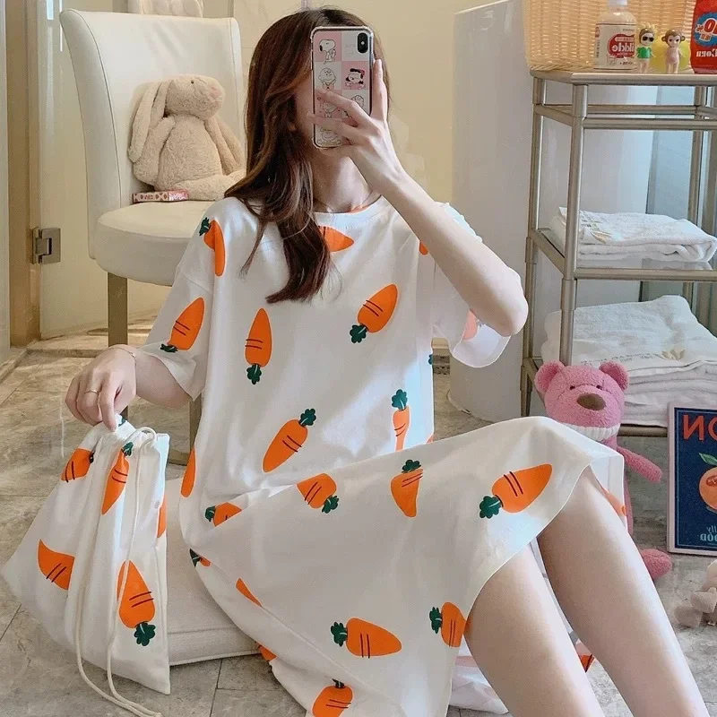 Summer Korean Version Girl Cartoon Sleepdress Lady Short Sleeves Pajama Woman Round Neck Loungewear Ladies Knee Length Sleepwear