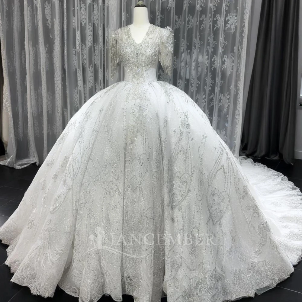 Customized 2026 New V-neck Beads Sequins Wedding Dress Peals Short Sleeves Ball Gown Tassel Bridal Gowns свадебное пл