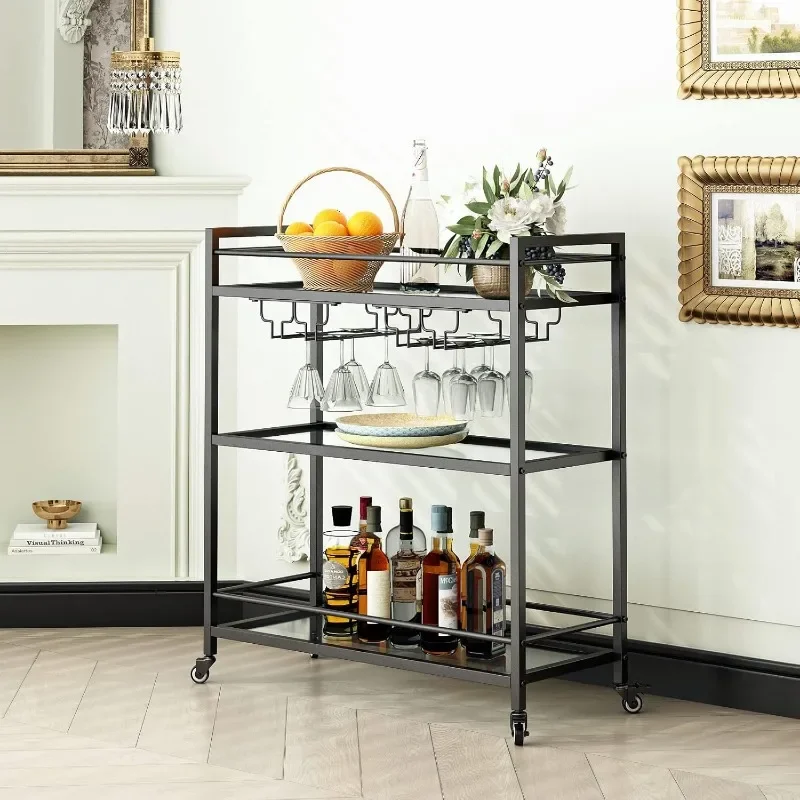 Glass Black Bar Carts for Home with Hanging Wine Rack - Home Bar Serving Cart with 3 Mirrored Shelves, Kitchen Bar Carts image 4