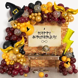 Magical Wizard School Balloons Garland Arch Kit Burgundy Black Gold Snitch Wizard Hat for Halloween Magic Themed Birthday Party