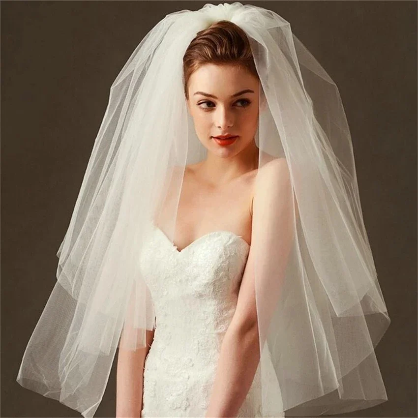 

Wedding Veil Simple Tulle White Ivory Two Layers Bridal Veil Cheap Bride Accessories 75cm Short Women Veils With Comb