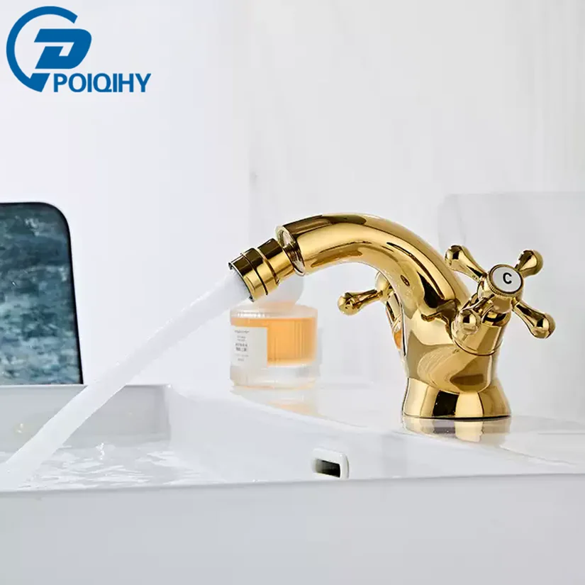 

POIQIHY Golden Bidet Faucet Dual Handles Water Bathroom Sink Brass Single Hole Deck Mounted Water Mixer Tap Toilet Water Tap