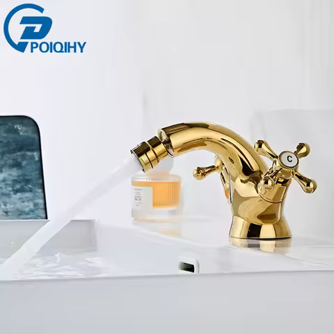 POIQIHY Golden Bidet Faucet Dual Handles Water Bathroom Sink Brass Single Hole Deck Mounted Water Mixer Tap Toilet Water Tap