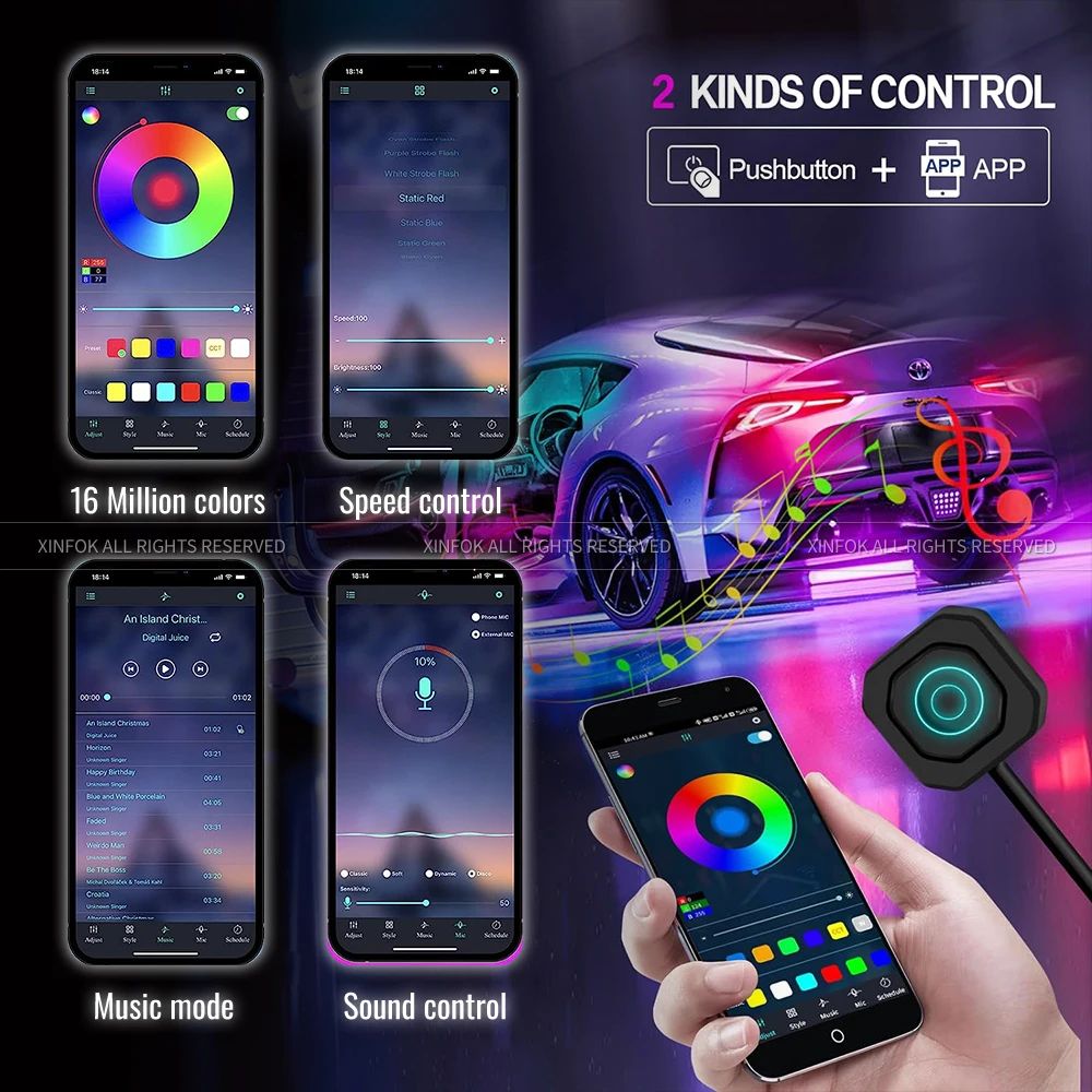 Interior Car Lights Car Accessories APP Control with Remote Music Sync Color Change RGB Under Dash Car Lighting 12V LED Lights