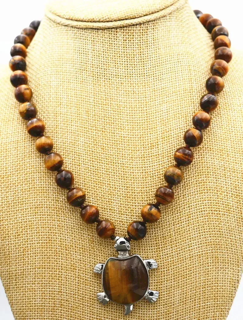 Beautiful 8mm African Roar Tiger's Eye Turtle Pendant Natural stone Necklace 18 