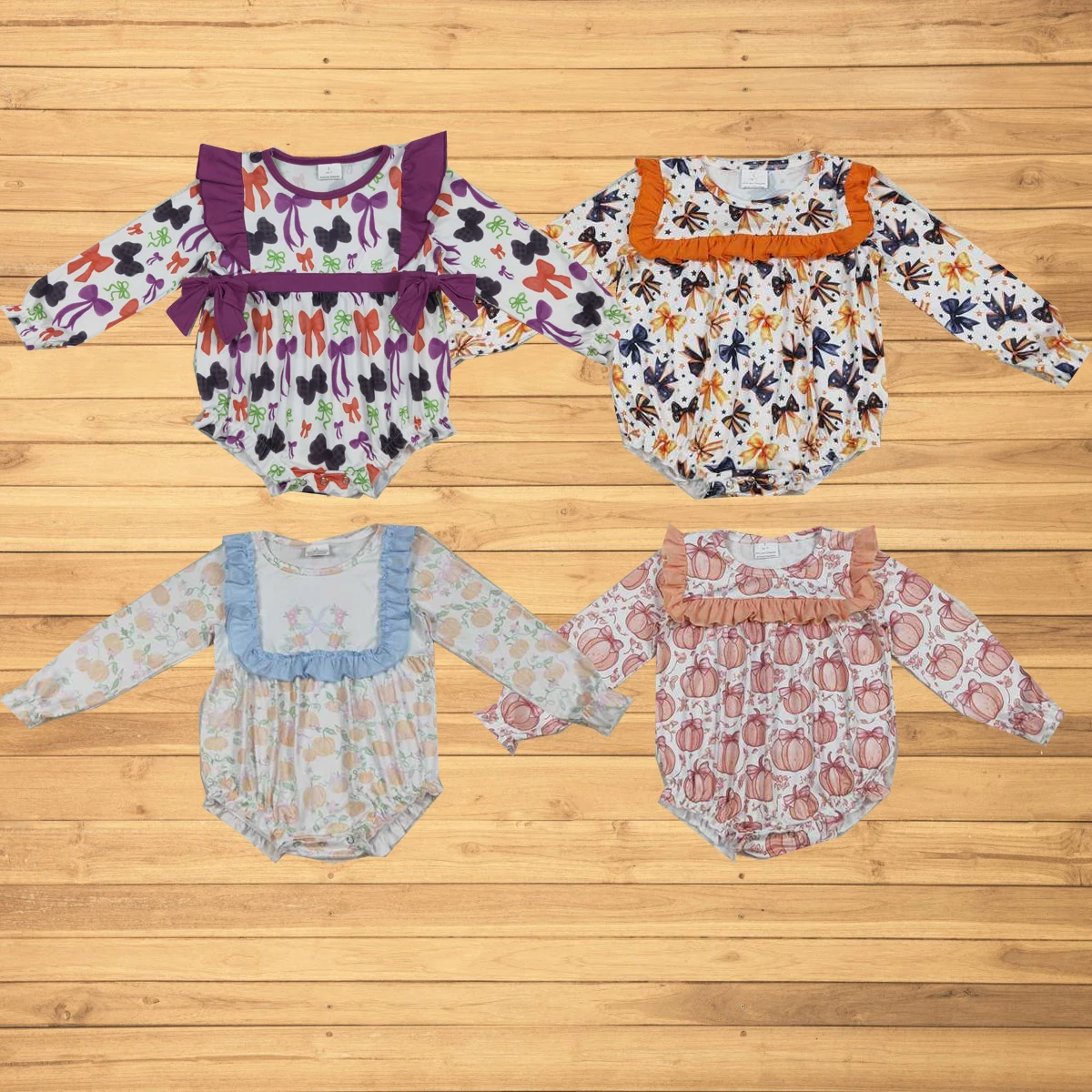 

Оптовая продажа, летняя горячая распродажа, бутик в западном стиле для новорожденных девочек, красочные фиолетовые комбинезоны с рюшами и бантиками на Хэллоуин