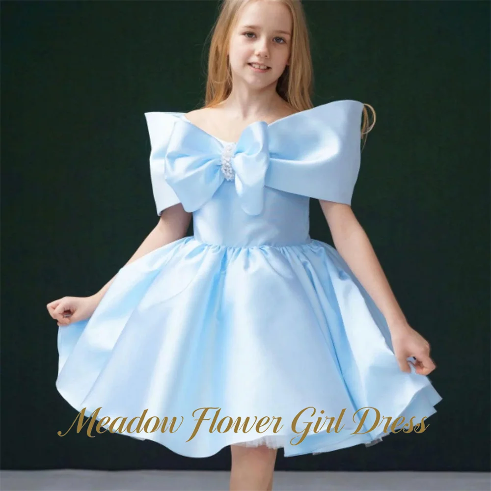 Meadow Off The Shoulder Princess Girls Dress with Statement Bow First Communion Gown Pearls Children Birthday Wedding Dresses