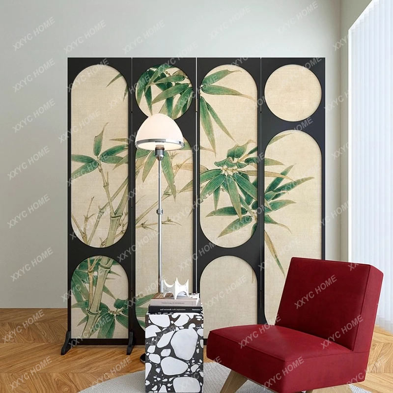Chinese Retro Bamboo Screen Partition Living Room Folding Mobile Live Streaming Photography Background Decoration