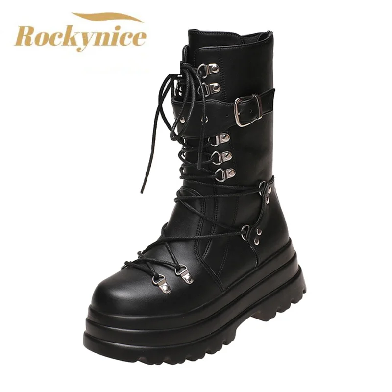 2022 Women Autumn Mid Calf Boots Lace Up Chunky Leather Motorcycle Boots Woman High Platform Winter Short Punk Boots Shoes 6.5CM