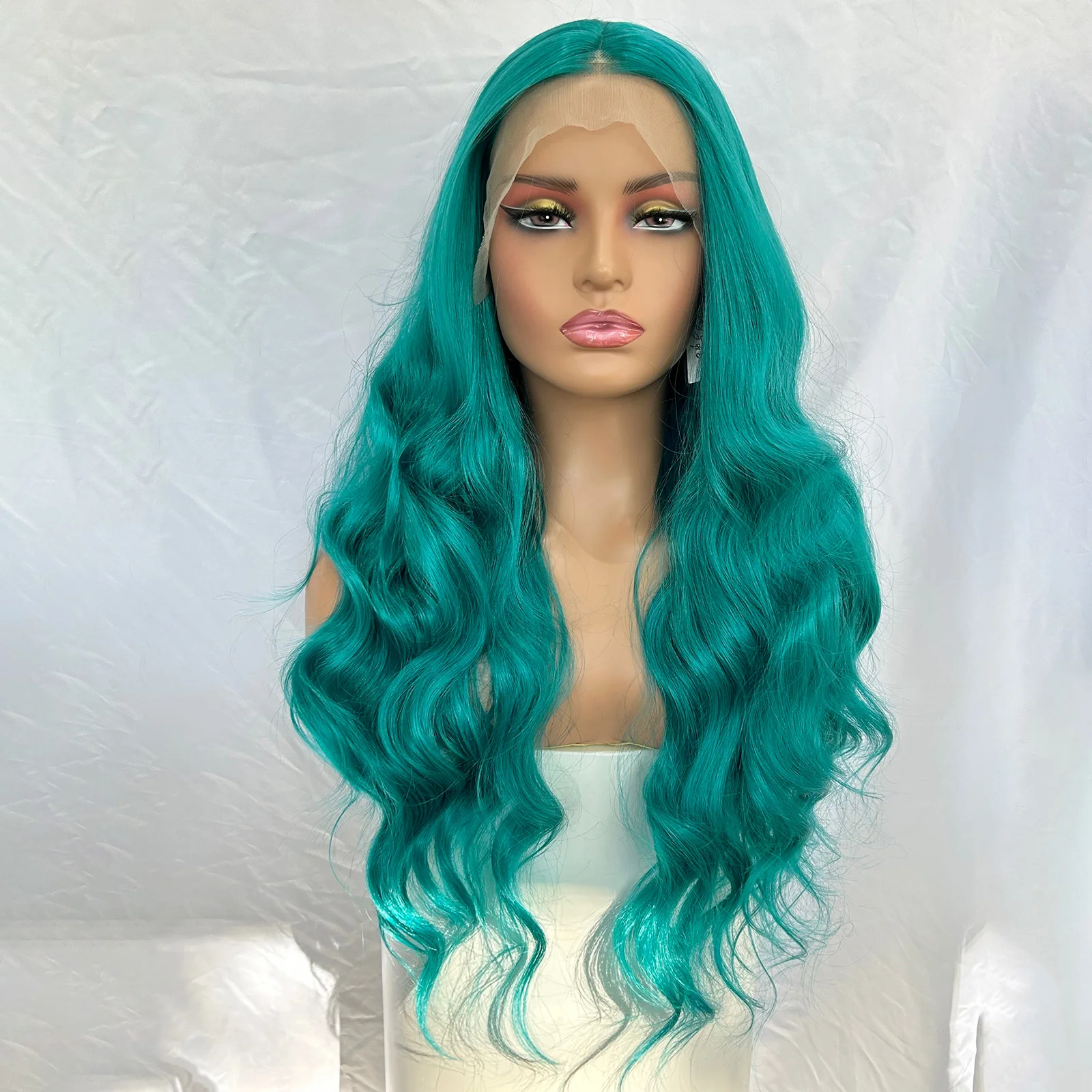 شعر مستعار طويل أخضر مموج بدانتيل أمامي للنساء الجزء الأوسط أزرق مجعد مموج اصطناعي 13X4 بدون صمغ قبل قطعها تأثيري استخدام الحفلات