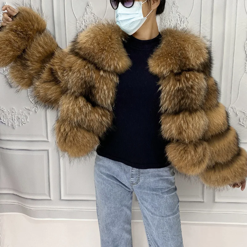 Hot Sale 2024 new autumn and winter fashionable women's fur coat with real raccoon fur, slim fit style