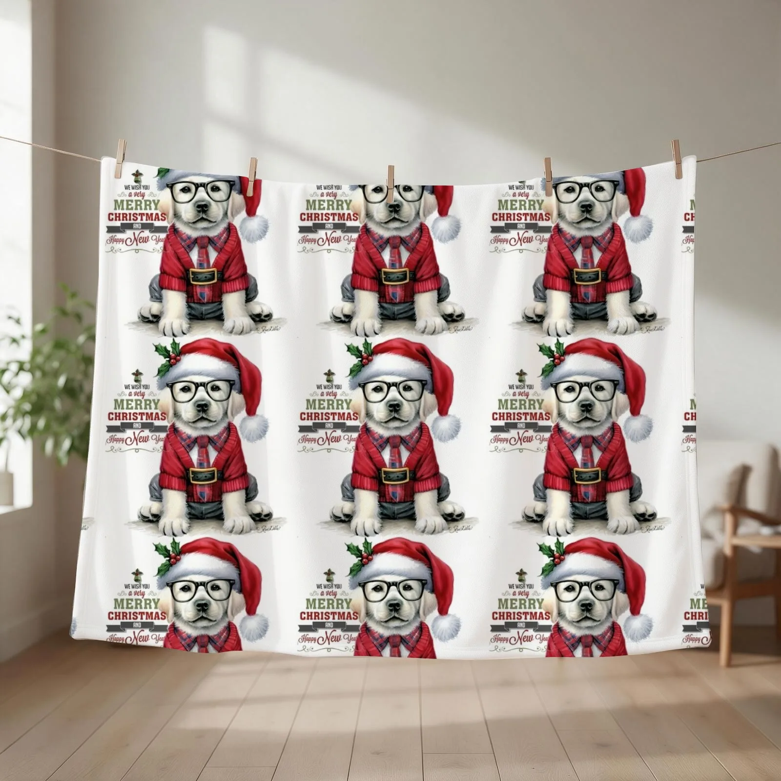 Cute Labrador Puppy Dog dressed in Santa Hat and Sweater Christmas Painting Throw Blanket