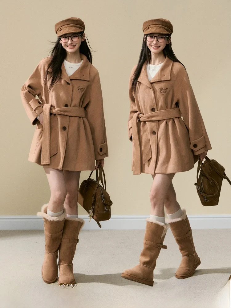 

ELEVEN SP Autumn Winter Brown Woolen ort Coat Korean Sle Women's Bowed Embroidered Wool Outerwear Straight Cut Commute