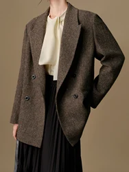 DUSHU Plus Size 98.8% Sheep Wool Color Dot Retro Style Brown Suit For Women 2024 Winter New Design Wool Warm Coat 24DH84019