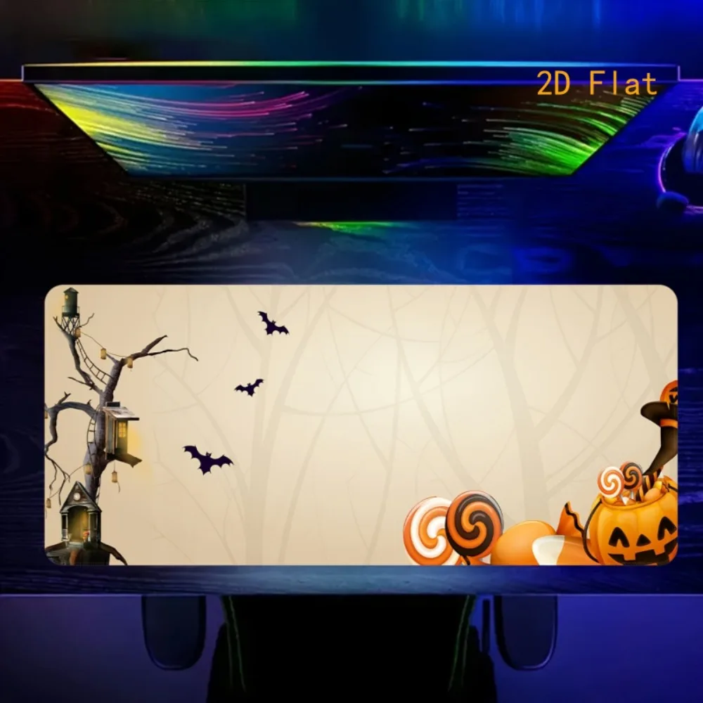 Anti-slip rubber table mat, featuring patterns of witch castle, bats, pumpkins and spider webs. Suitable for games, home office