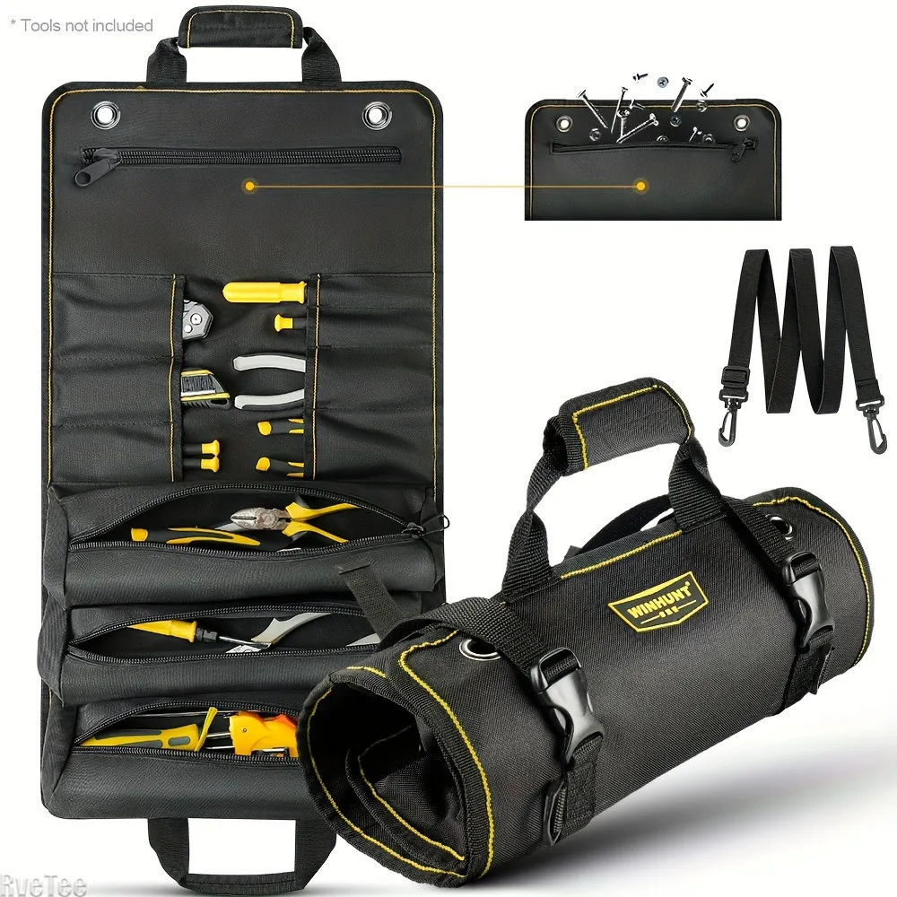 WINHUNT Large Capacity Roll-Up Tool Bag Organizer with 11 Pockets Adjustable Shoulder Strap for Mechanics Electrician Carpenters