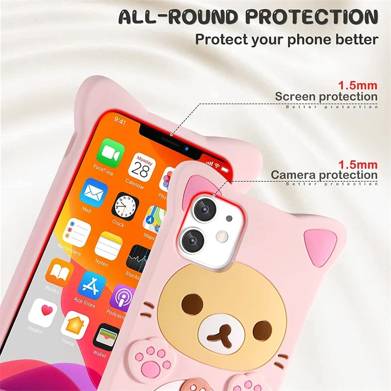 3D Cute Cartoon Pink Bear Kawaii Soft Silicone Case for IPhone 16 15 14 13 Pro Max 16Pro 15Pro 14Pro i16 Funny Women Girls Cover