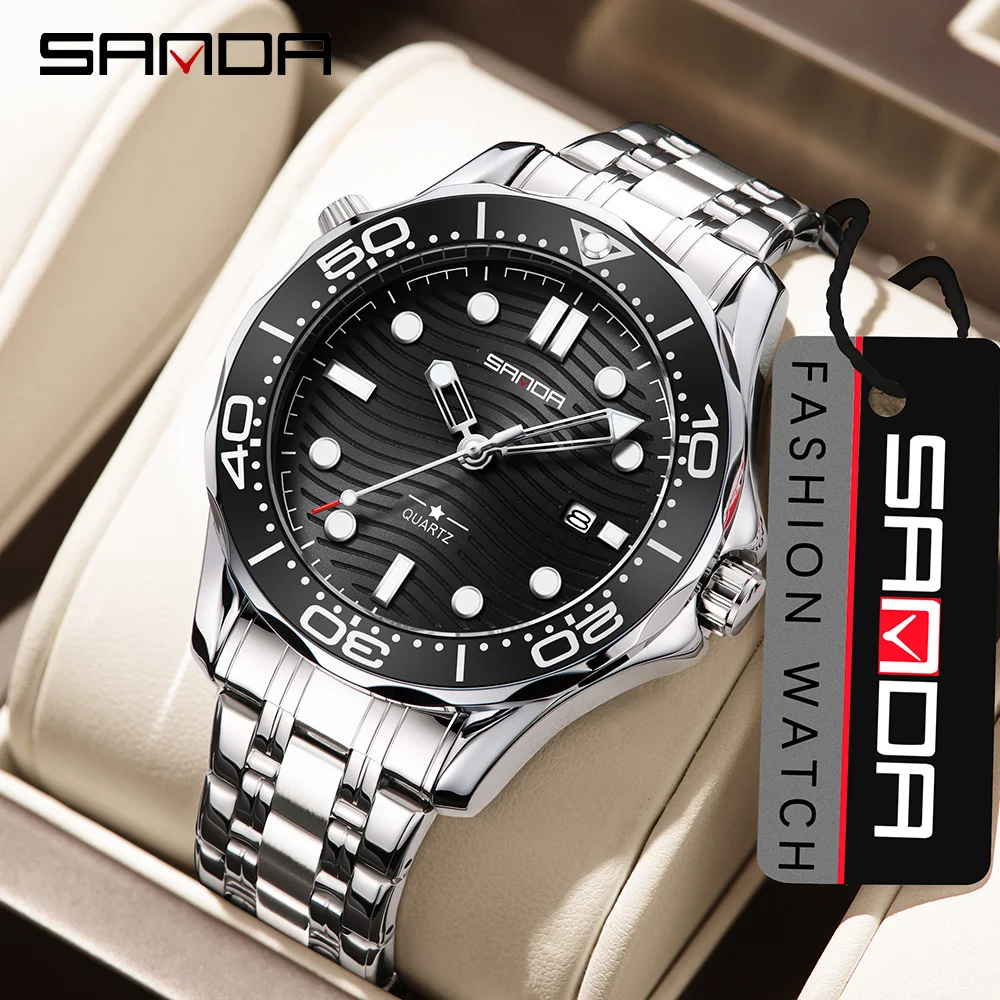 SANDA 2025 ساعة كوارتز رجالية جديدة TEMU متعددة الوظائف مقاوم للماء تقويم مضيء رجال الأعمال ساعة كوارتز 1145