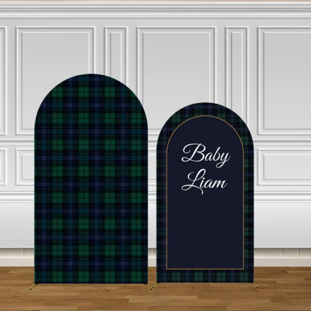 Green Plaid Bear Arch Backdrop Cover Custom Name Age Kids Bi