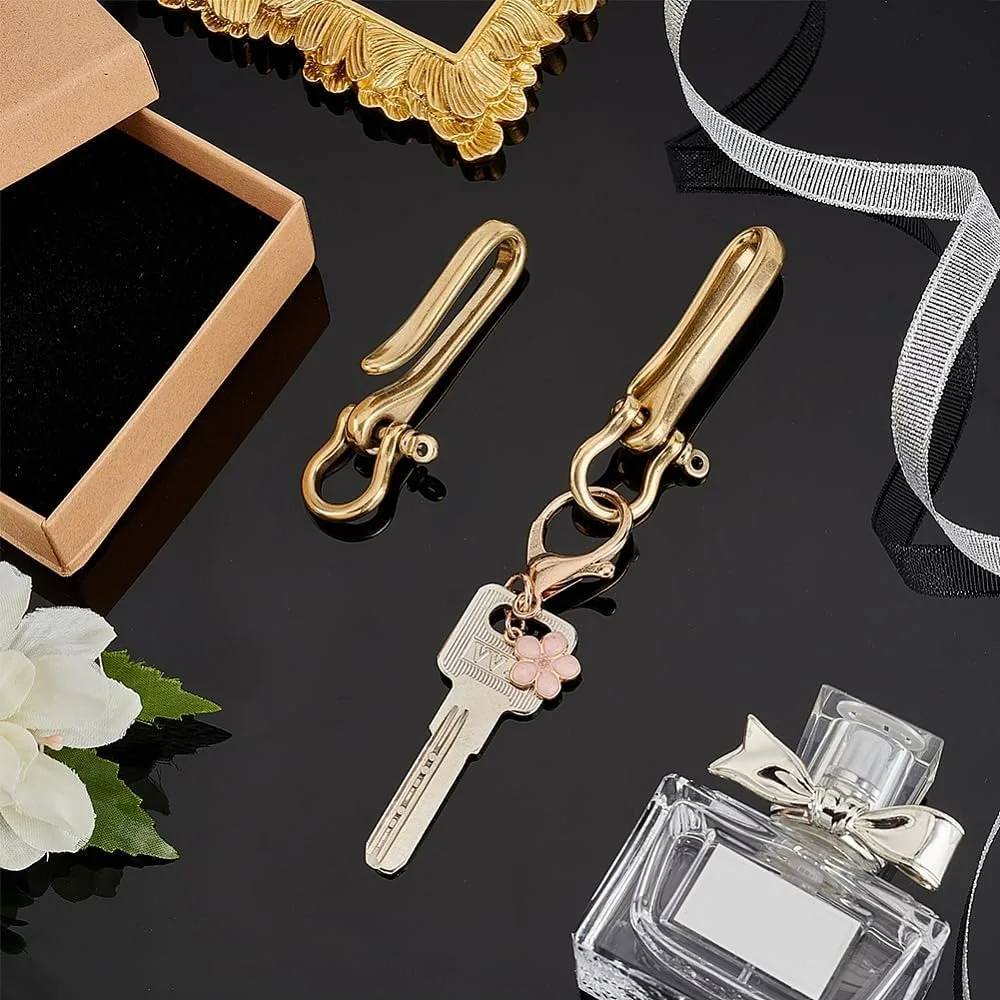 Fish Hook Keychain 2.9 Inch Brass Key Ring Golden Solid U Shape Key Hook Belt Keyring Pocket Clip with Key Shackle Heavy Duty