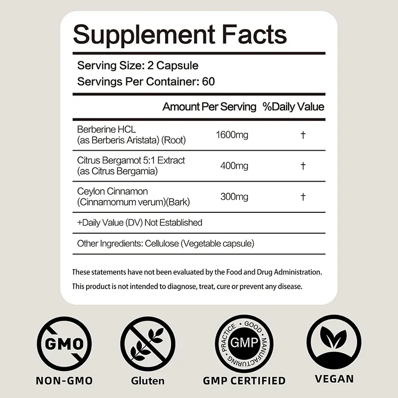 Ceylon Cinnamon and Citrus Bergamot Berberine Salt Supplement, Daily Healthy Plant Formula, 60 Vegan Capsules