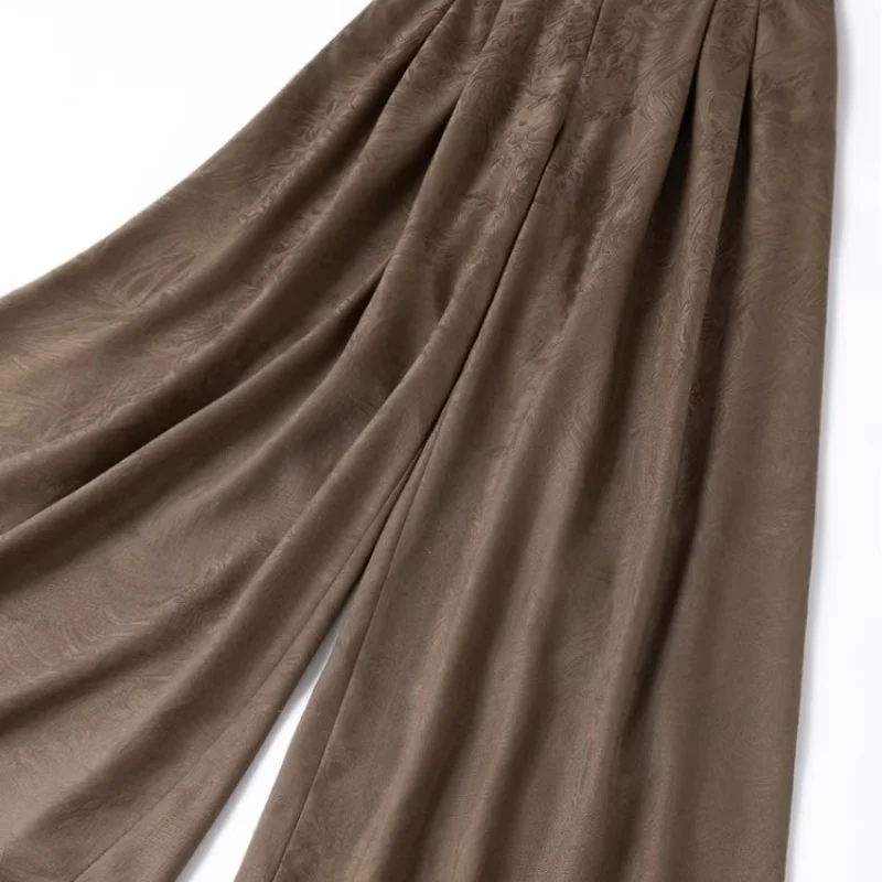 Birdtree 28M 100% Real Spun Silk Solid Pants,Women Jacquard Elastic Waist Autumn French Style Wide Leg Pant With Pocket P58002JF