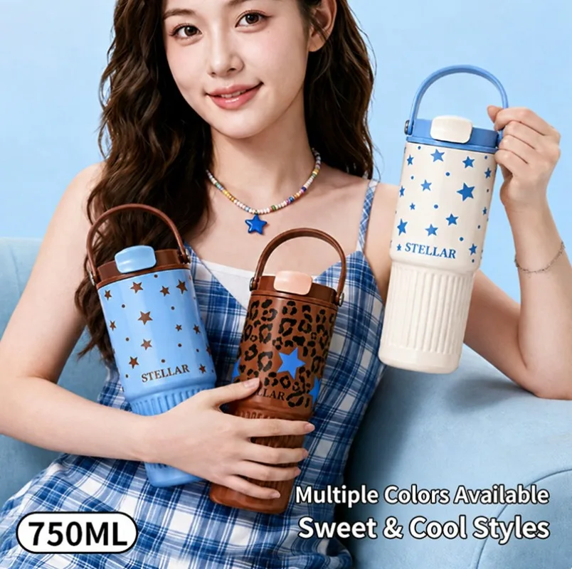 Large Capacity Portable Stainless Steel Insulated Water Bottle for Women Star High Aesthetic Value Handheld Cooling King Cup