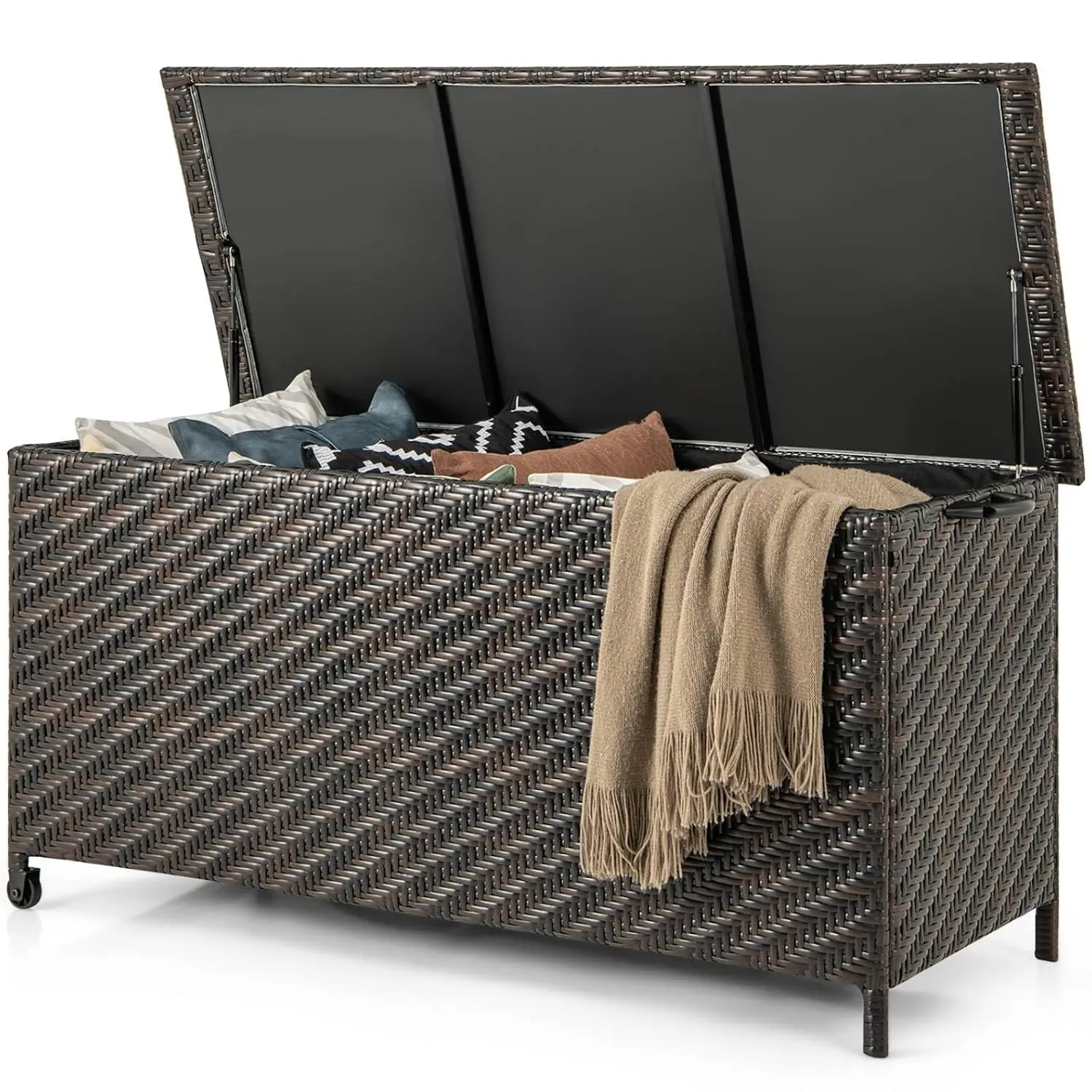 320L Garden Deck Box, Patio Cabinet Container with Polyester Liner, Universal Wheels & Gas Strut, Indoor Outdoor Storage Box